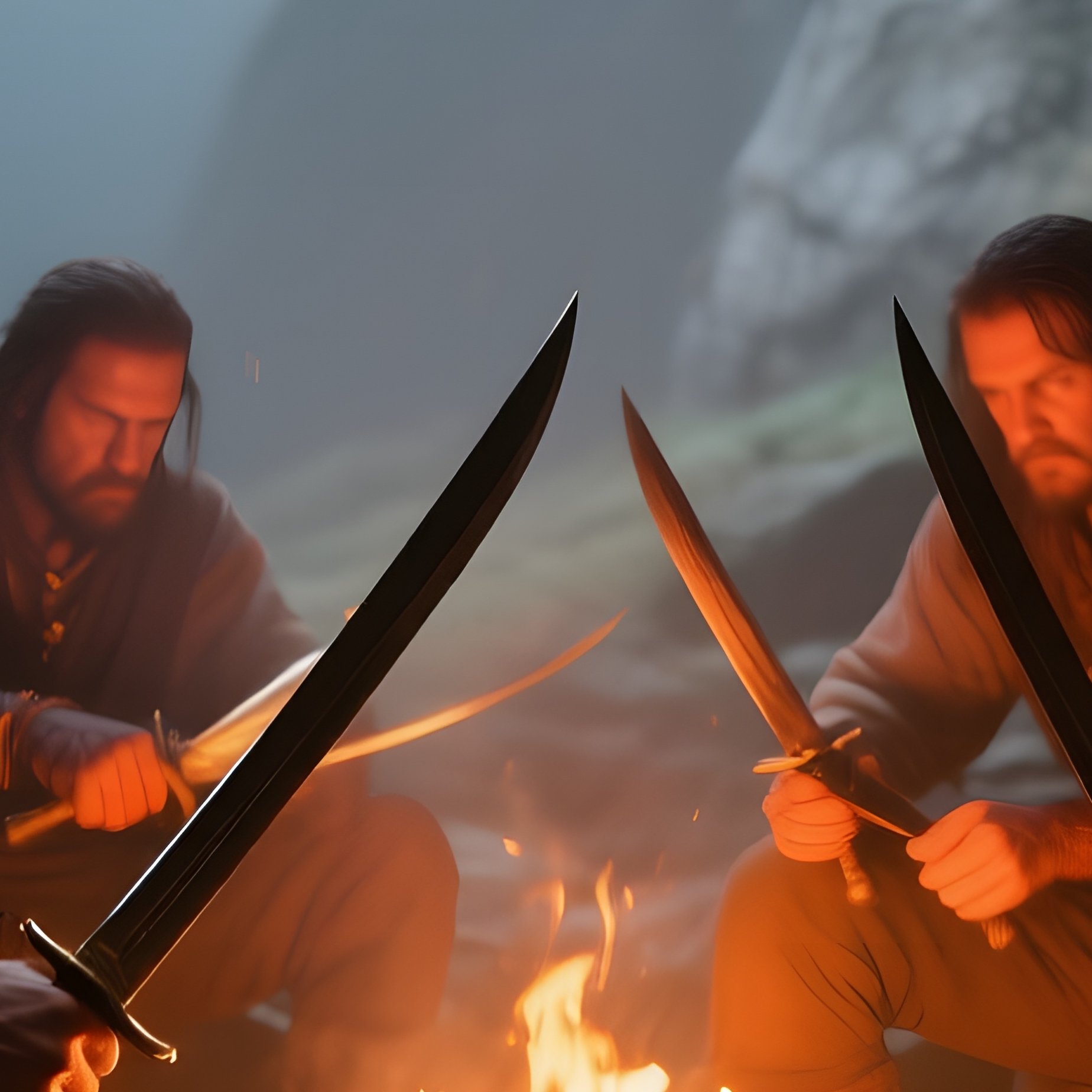 Quiet Dawn In Secluded Cave Outlaws Sharpening Weapons - Full Resolution Quality Preview