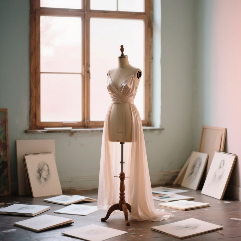 Quiet Early Morning Studio With Dress Form And Sketchbooks