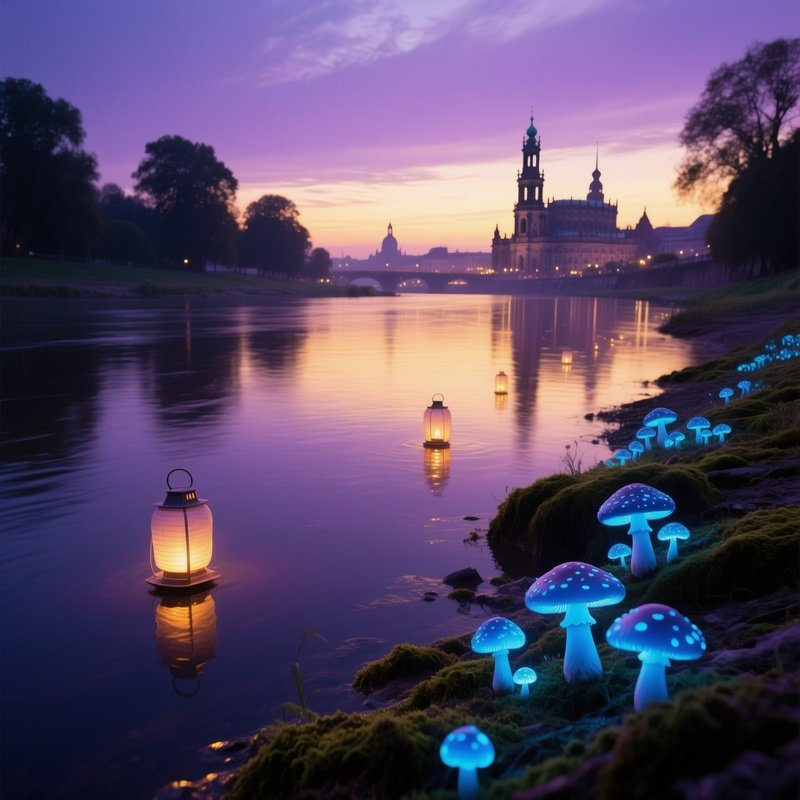 Quiet Evening Riverbank Dresden Lanterns Bioluminescent Mushrooms
