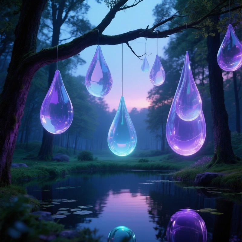 Quiet Forest Clearing At Dusk With Luminous Acrylic Sculptures