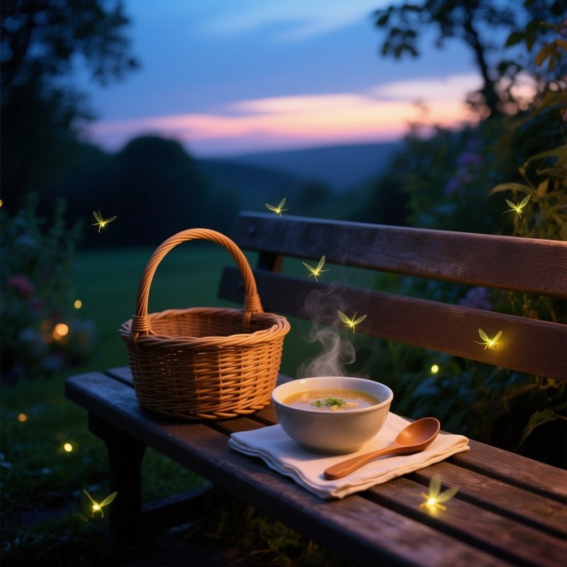 Quiet Garden Bench At Twilight With Wicker Basket And Fireflies