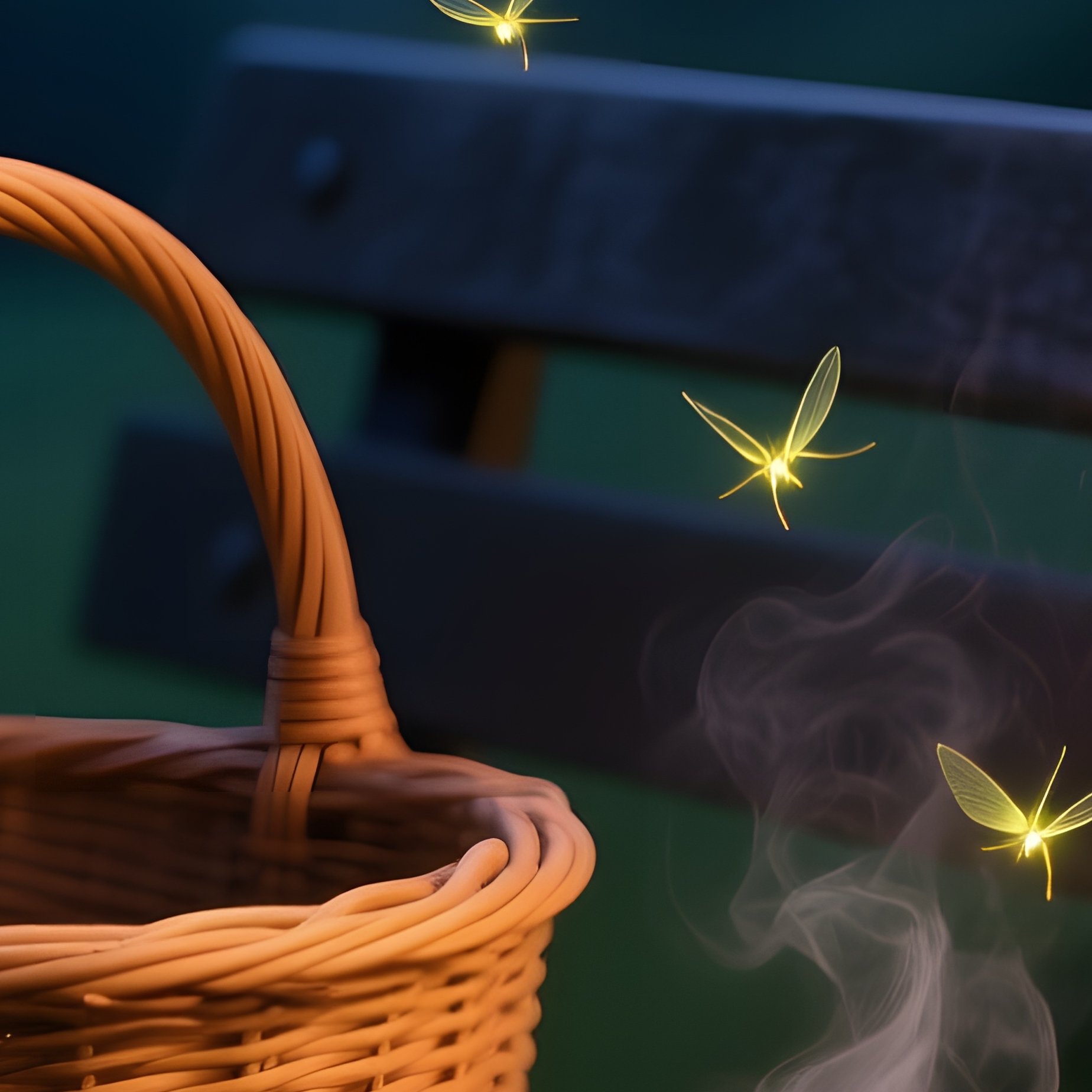 Quiet Garden Bench At Twilight With Wicker Basket And Fireflies - Full Resolution Quality Preview