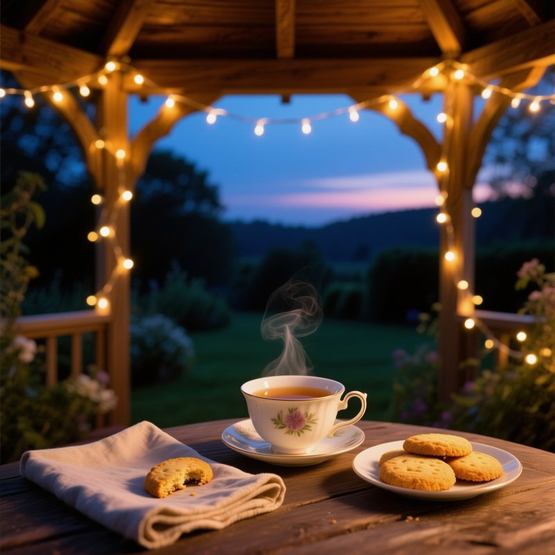 Quiet Garden Gazebo At Dusk Illuminated By Fairy Lights