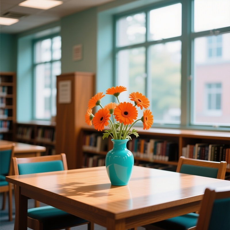 Quiet Library Reading Area With Pop Art Daisies