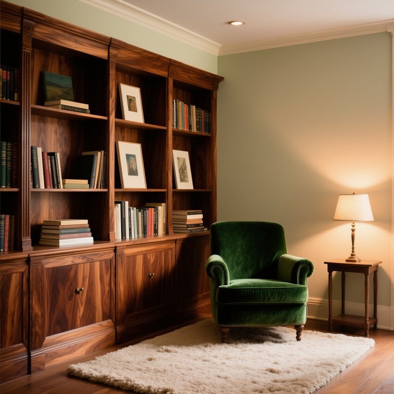 Quiet Library Scene With Walnut Bookshelf Art Books Green Armchair Wool Rug