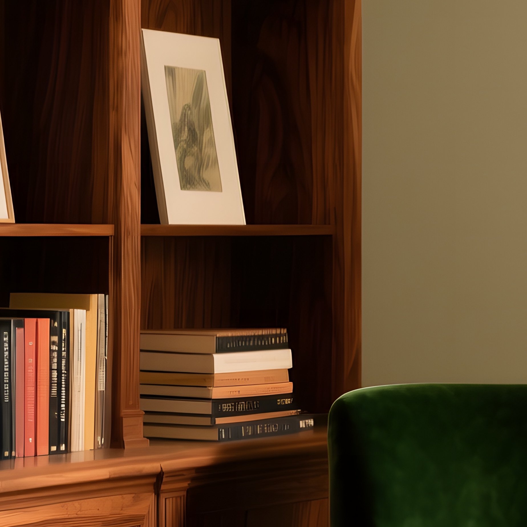 Quiet Library Scene With Walnut Bookshelf Art Books Green Armchair Wool Rug - Full Resolution Quality Preview