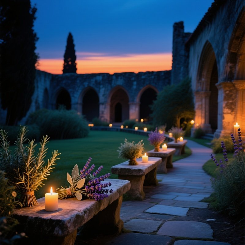 Quiet Monastery Cloister Garden At Dusk With Candlelit Bouquets