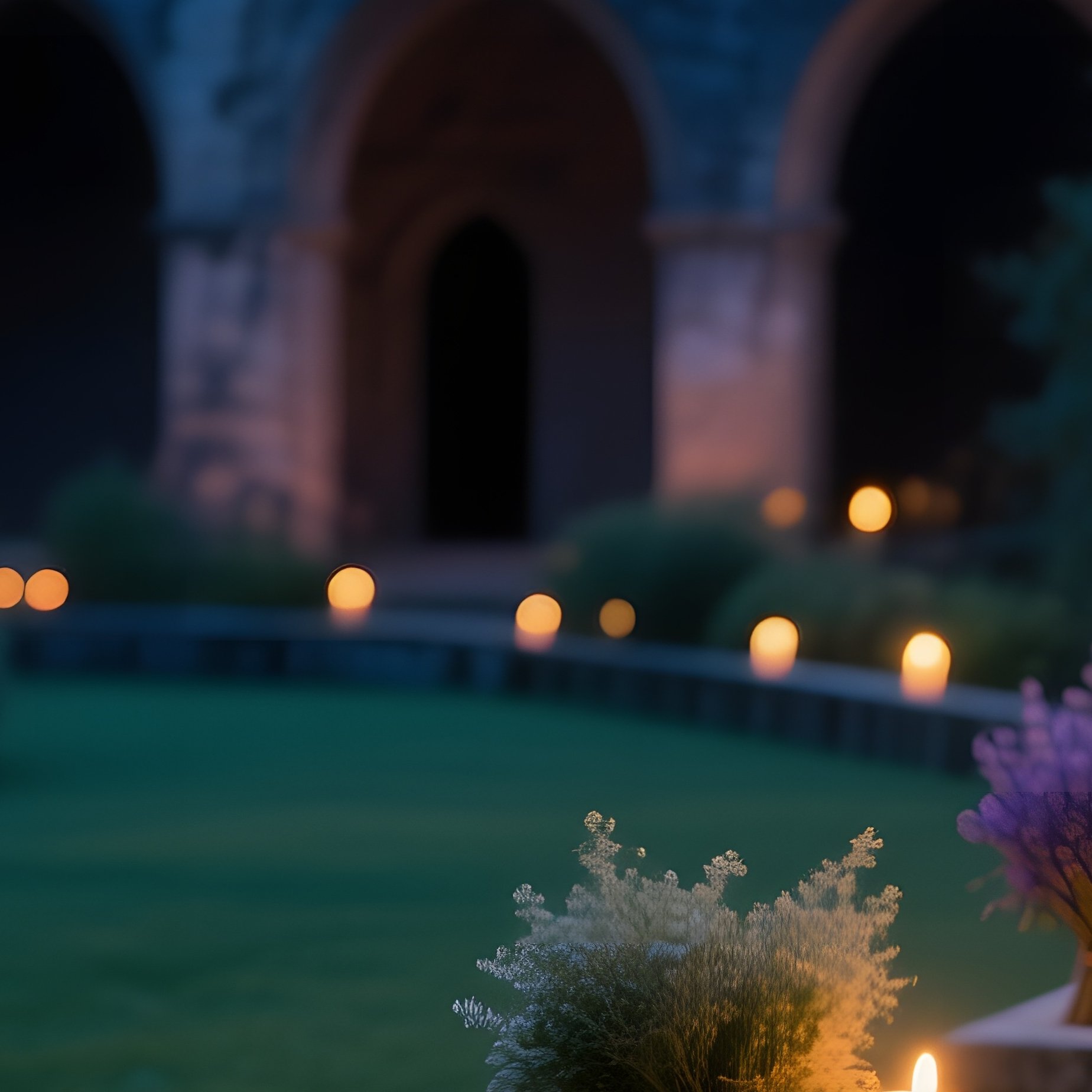 Quiet Monastery Cloister Garden At Dusk With Candlelit Bouquets - Full Resolution Quality Preview