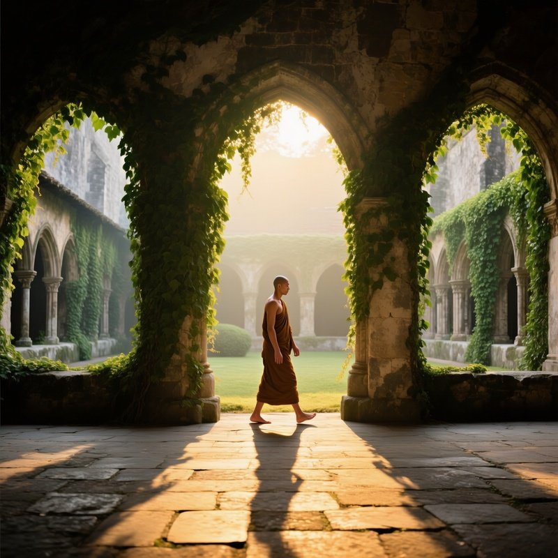 Quiet Monastery Cloister Ivy Covered Arches Nude Monk Walking Early Morning Light