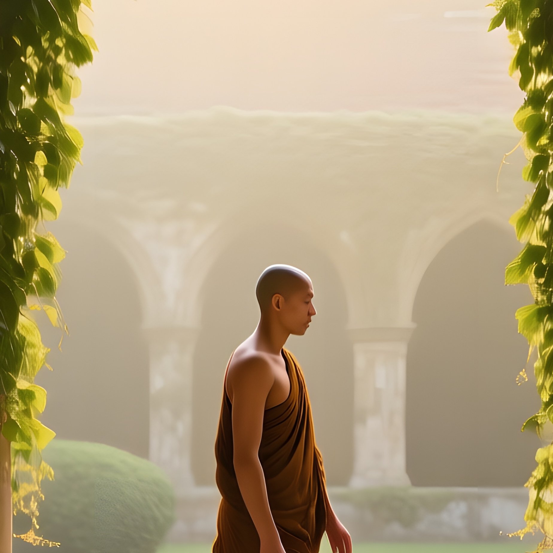 Quiet Monastery Cloister Ivy Covered Arches Nude Monk Walking Early Morning Light - Full Resolution Quality Preview