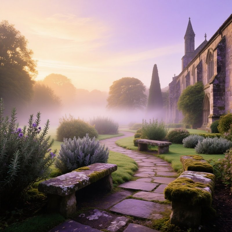Quiet Monastery Garden At Sunrise