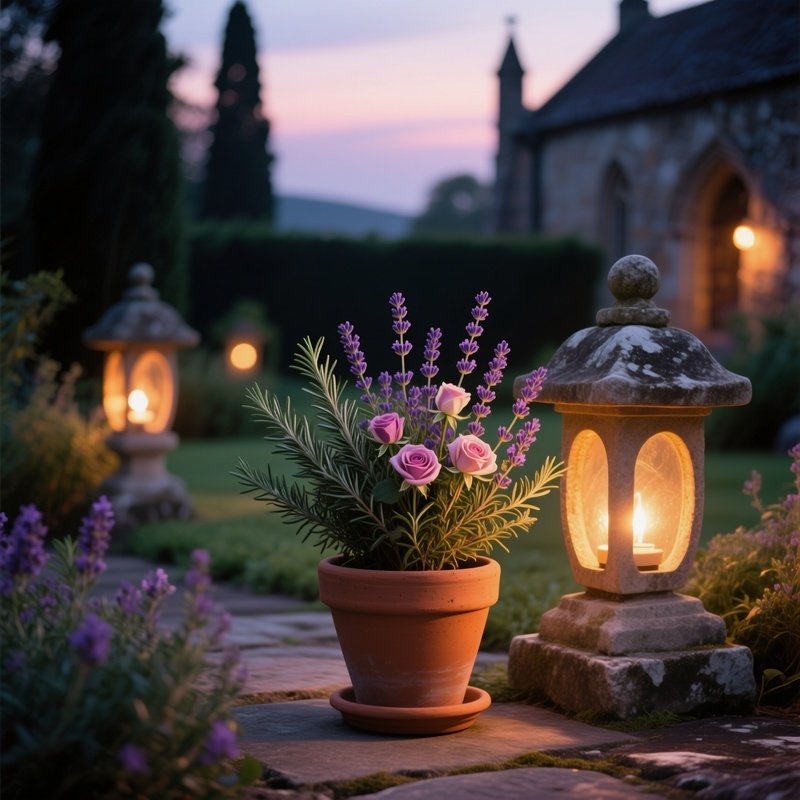 Quiet Monastery Garden Twilight Stone Lanterns Rosemary Thyme Lavender Clay Pot