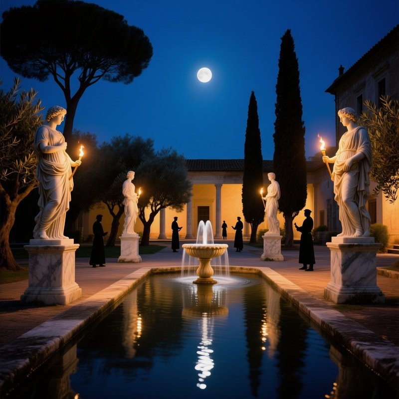 Quiet Moonlit Night Roman Villa Courtyard