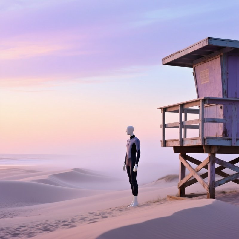 Quiet Morning Beach With Mannequin Wetsuit