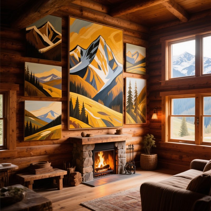 Quiet Mountain Cabin Interior Oil Paintings Fireplace Windows