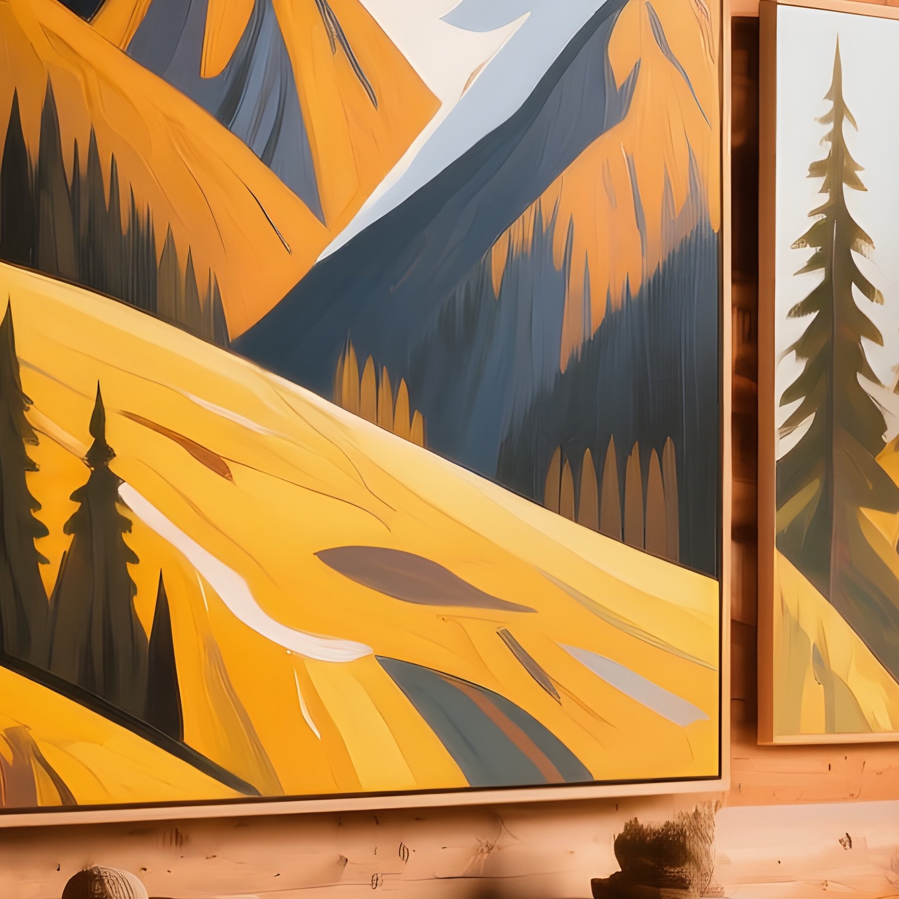 Quiet Mountain Cabin Interior Oil Paintings Fireplace Windows - Full Resolution Quality Preview