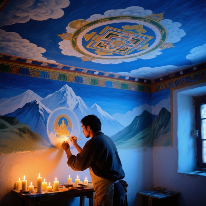 Quiet Mountain Monastery Chapel At Twilight Candles Flickering Frescoist Painting Mandala Ceiling