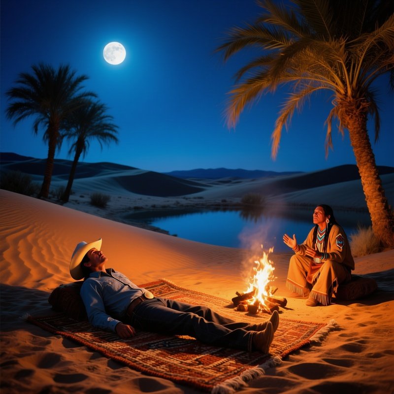 Quiet Night Desert Oasis Full Moon Palm Trees Cowboy Sioux Storyteller Fire Shadows