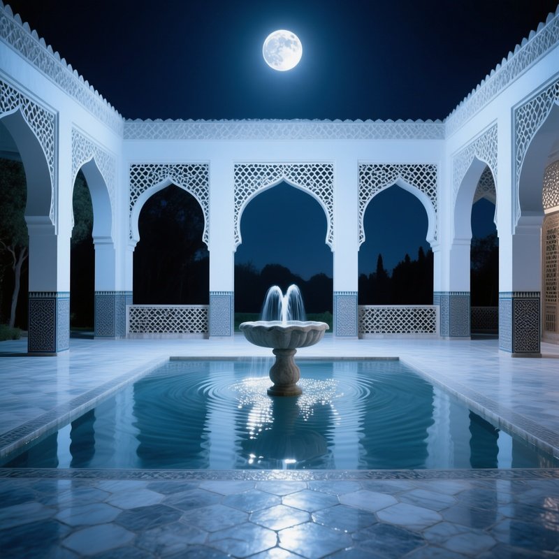 Quiet Night Persian Garden Pavilion Moonlight Fountain