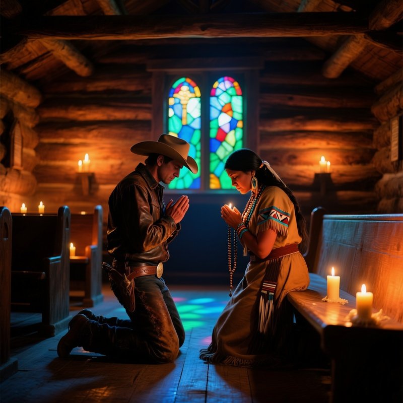 Quiet Night Wooden Chapel Candlelight Stained Glass Cowboy Cherokee Prayer