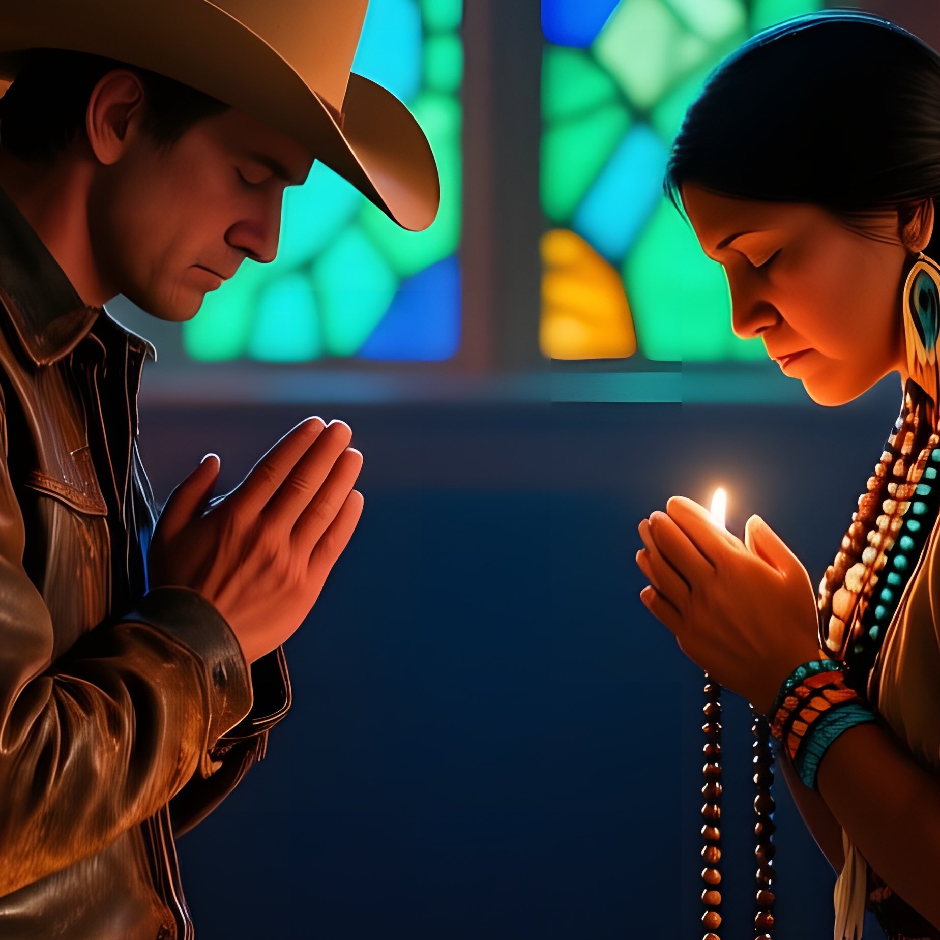 Quiet Night Wooden Chapel Candlelight Stained Glass Cowboy Cherokee Prayer - Full Resolution Quality Preview