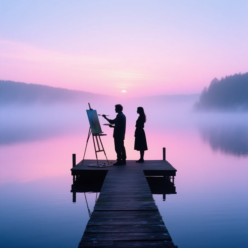 Quiet Pier Foggy Lake Dawn Painter Partner Silhouette