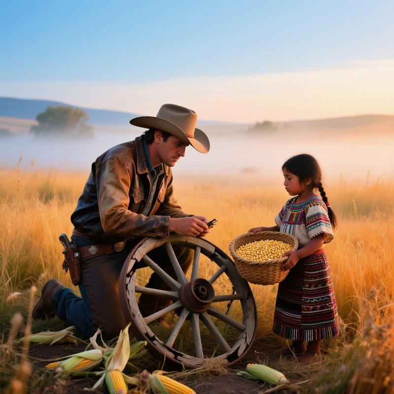 Quiet Prairie Sunrise With Mist And Cowboy