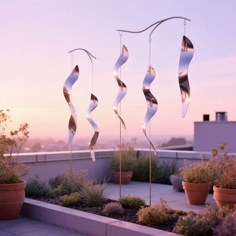 Quiet Rooftop Garden At Dawn Wind Chimes Polished Aluminum