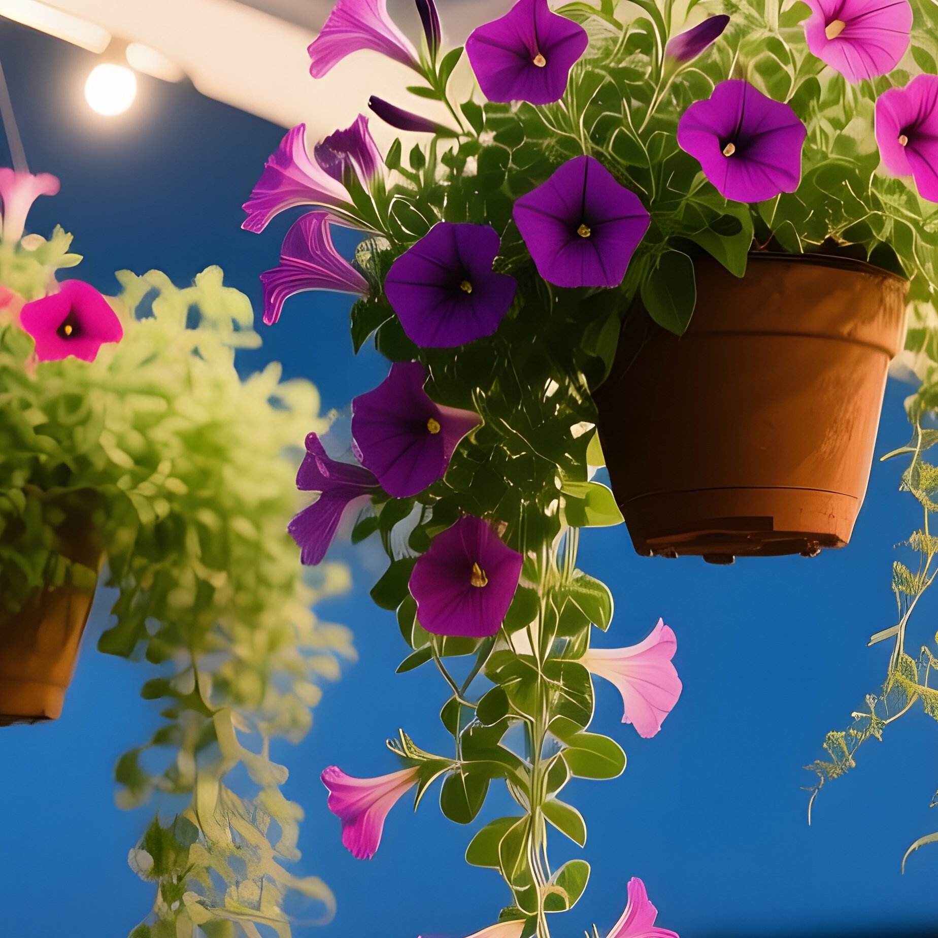 Quiet Rooftop Greenhouse Night String Lights Hanging Pots Petunias Ferns Marigolds Starry Sky - Full Resolution Quality Preview