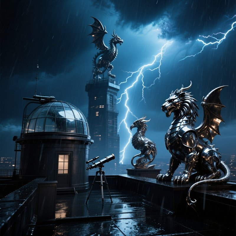 Quiet Rooftop Observatory Stormy Night Metal Beast Sculptures