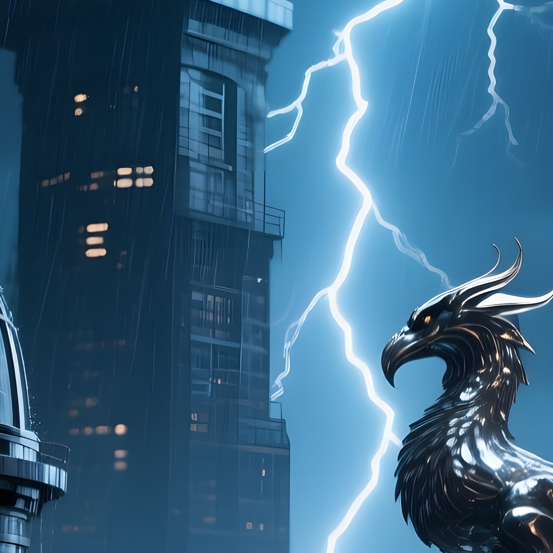 Quiet Rooftop Observatory Stormy Night Metal Beast Sculptures - Full Resolution Quality Preview