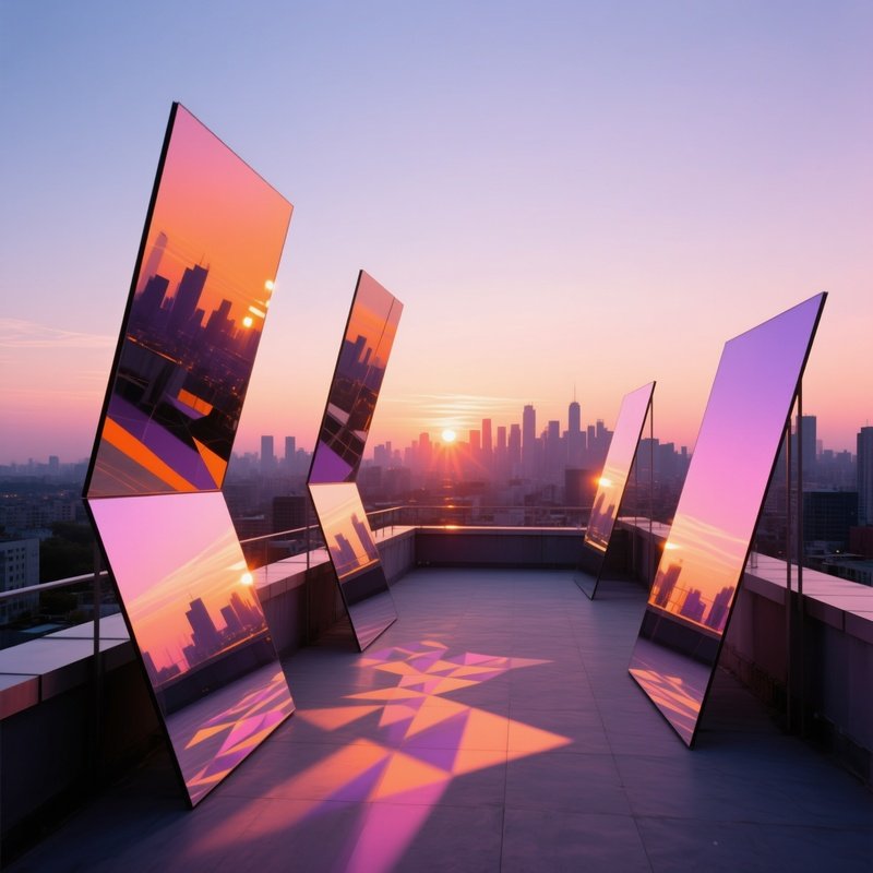 Quiet Rooftop Terrace Twilight Mirrored Panels Reflections