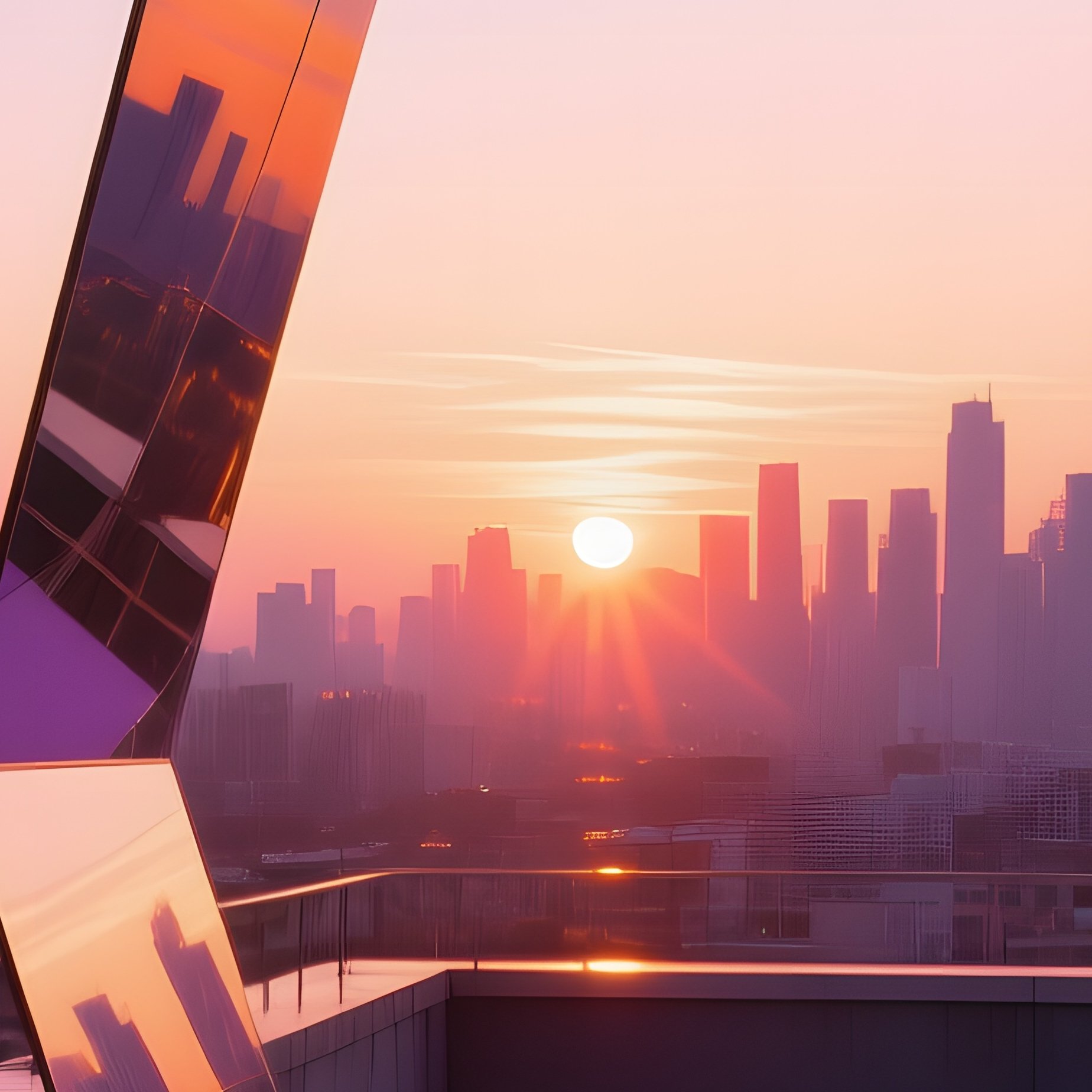 Quiet Rooftop Terrace Twilight Mirrored Panels Reflections - Full Resolution Quality Preview