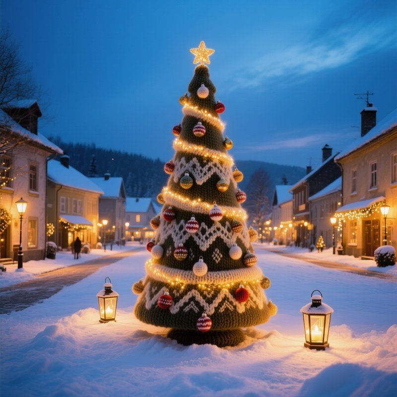 Quiet Snow Covered Village Square At Twilight