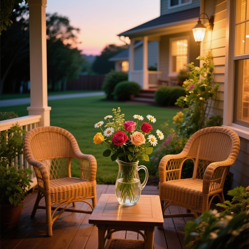 Quiet Suburban Front Porch With Wicker Chairs And Garden Roses