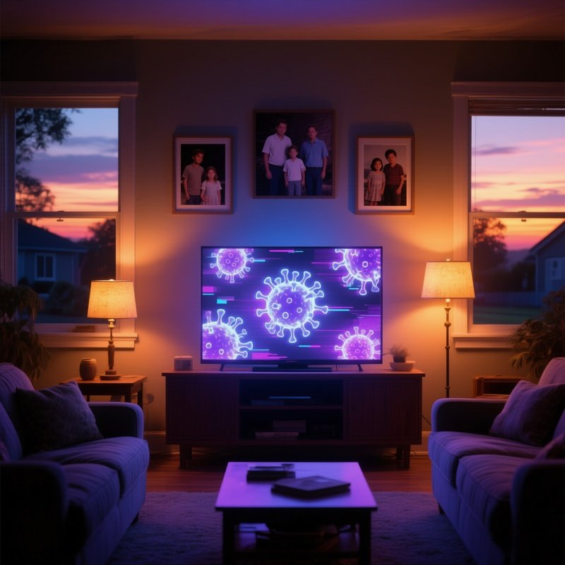 Quiet Suburban Living Room At Twilight With Holographic Virus Patterns