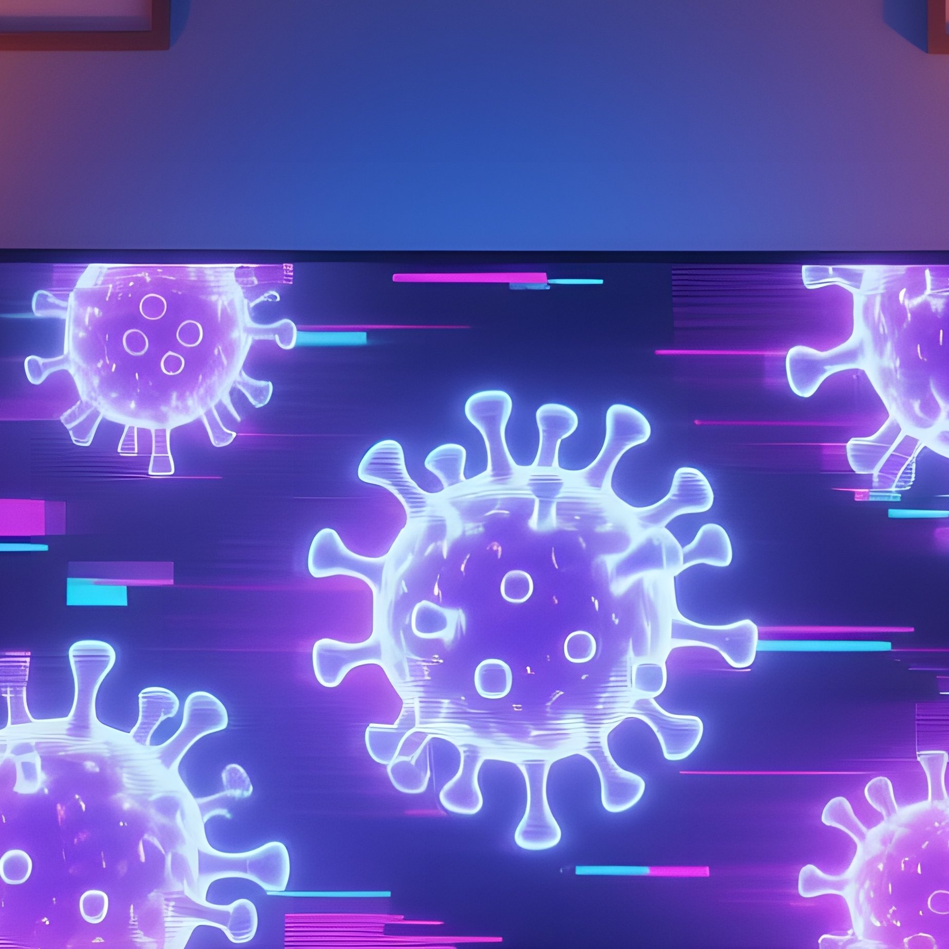 Quiet Suburban Living Room At Twilight With Holographic Virus Patterns - Full Resolution Quality Preview