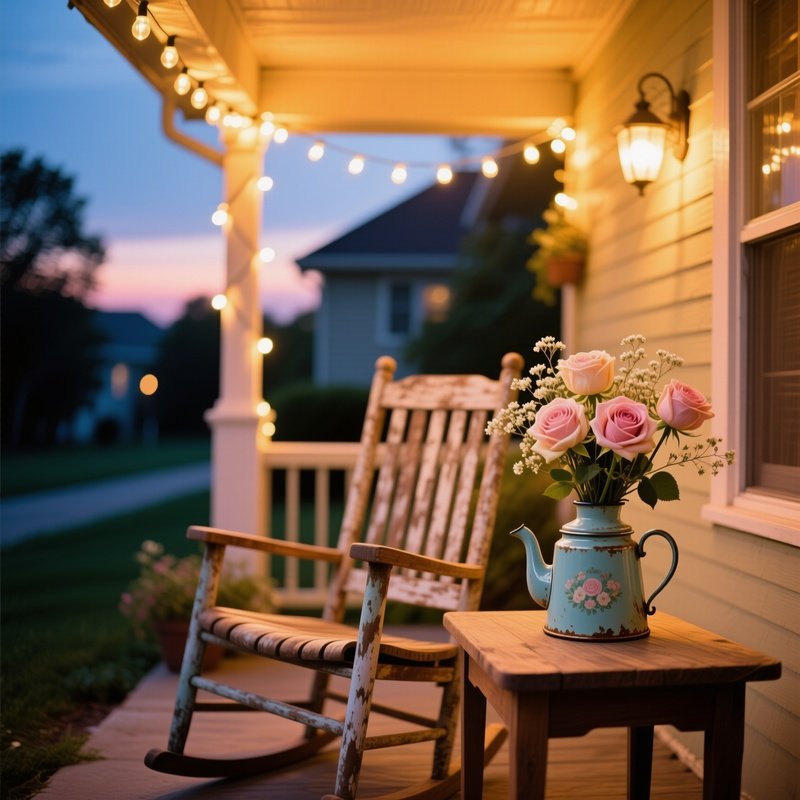 Quiet Suburban Porch At Dusk String Lights Rocks Chair Teapot Vase