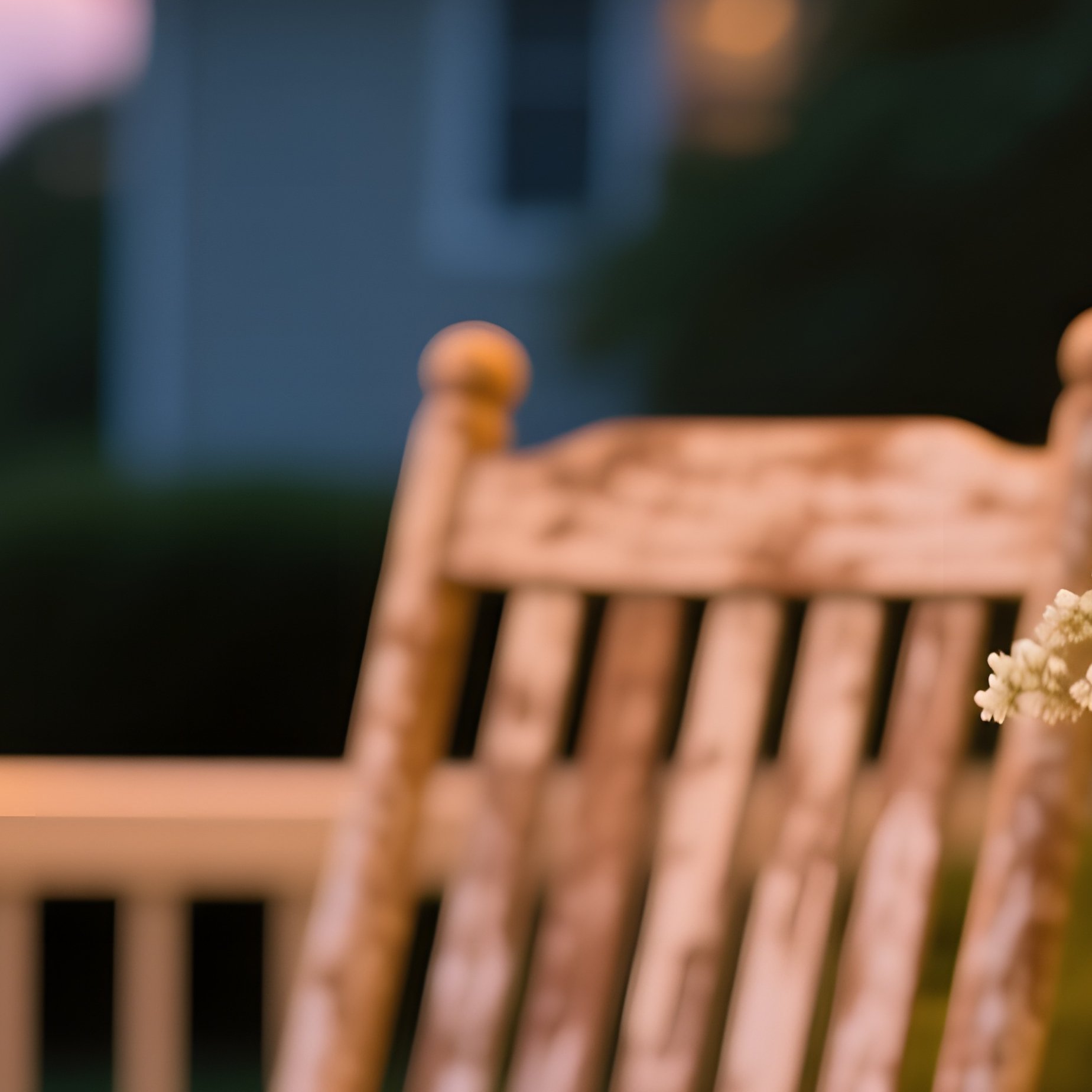 Quiet Suburban Porch At Dusk String Lights Rocks Chair Teapot Vase - Full Resolution Quality Preview