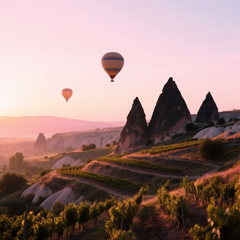 Quiet Sunrise Over Terrace Vineyard Cappadocia Hot Air Balloons Fairy Chimneys