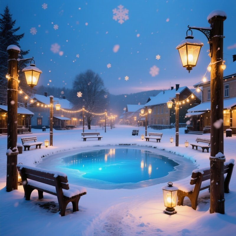 Quiet Winter Village Square Lanterns Snow Benches Frozen Pond Blue Clay Snowfall