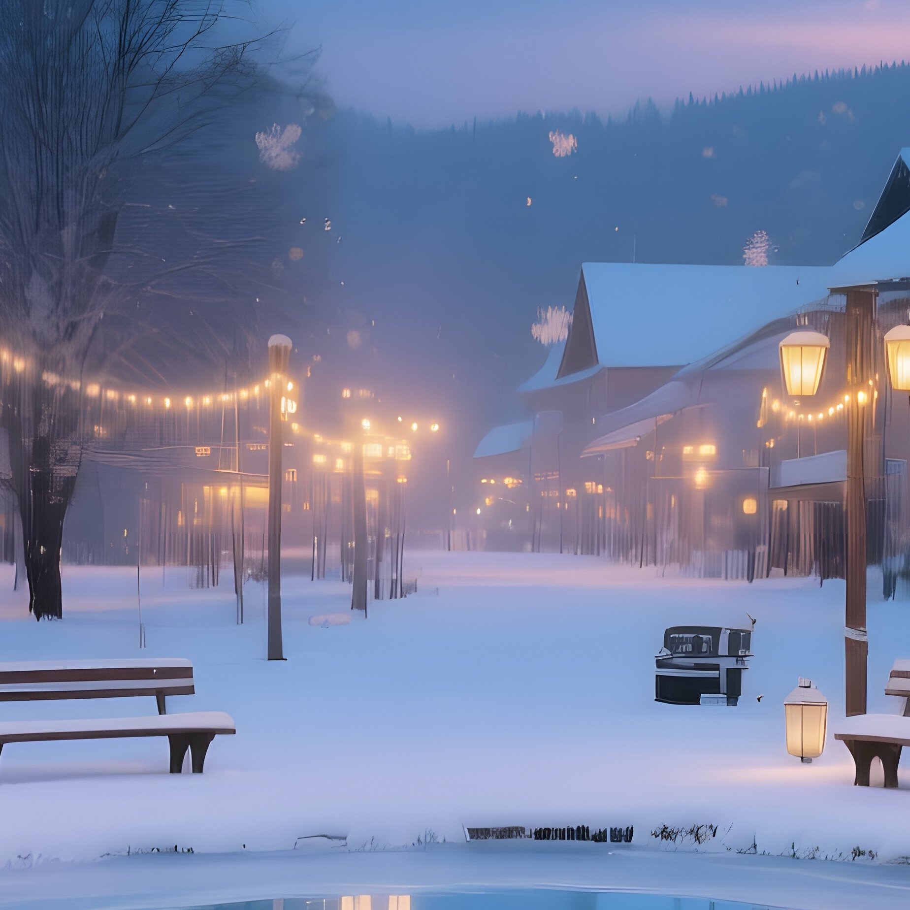Quiet Winter Village Square Lanterns Snow Benches Frozen Pond Blue Clay Snowfall - Full Resolution Quality Preview