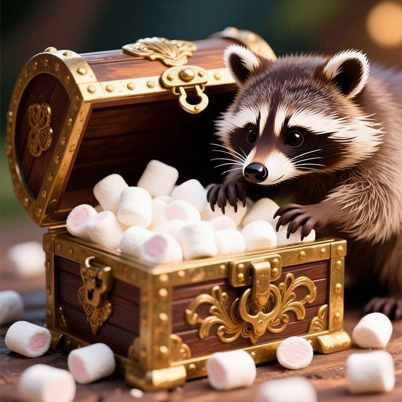 Raccoon Opening Treasure Chest Full Of Marshmallows