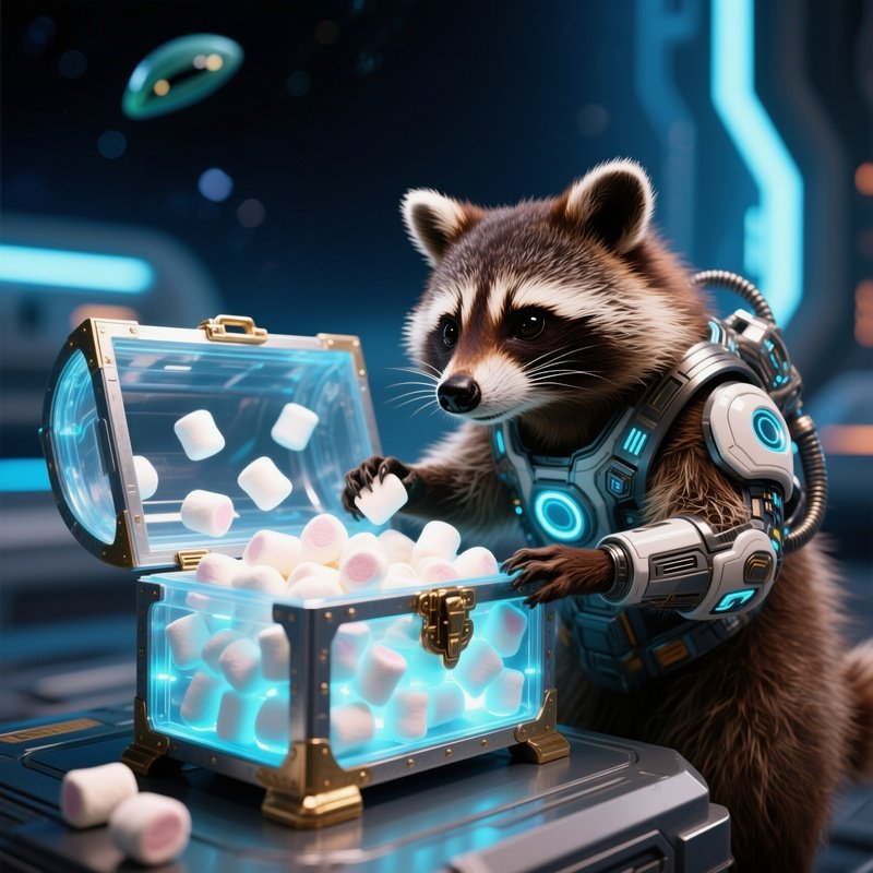 Raccoon Opening Treasure Chest Full Of Marshmallows Science Fiction