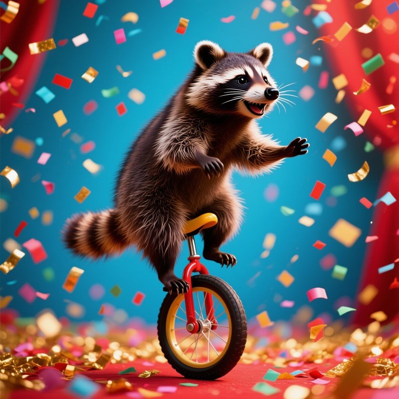 Raccoon Unicycle Confetti Rain