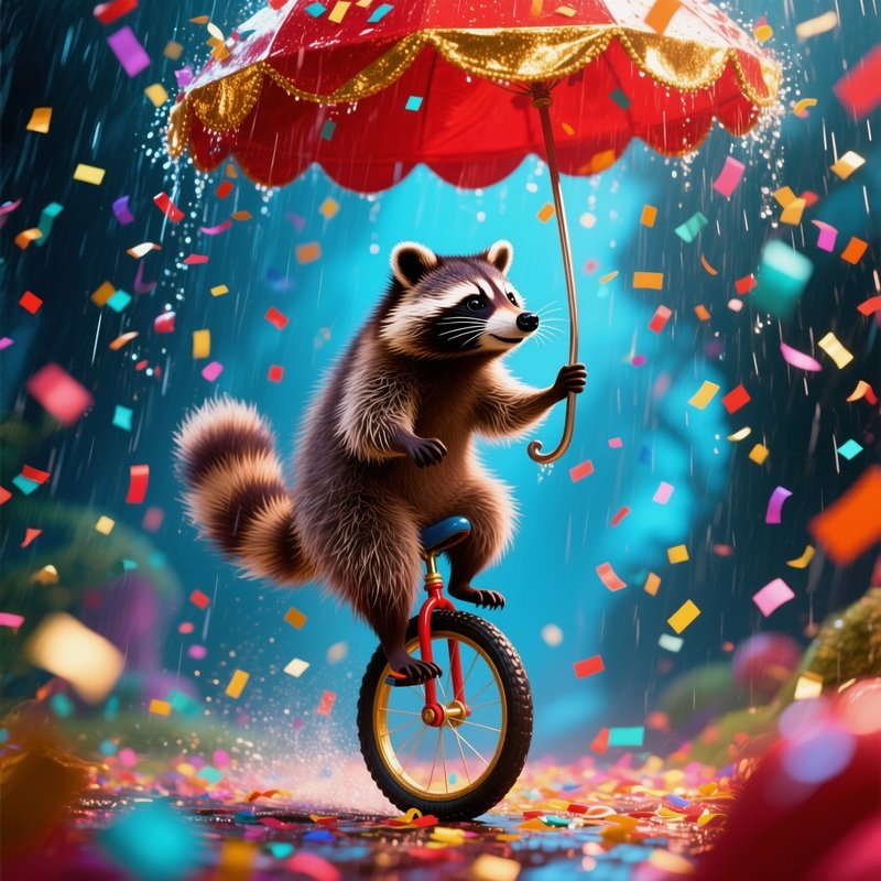 Raccoon Unicycle Confetti Rain Digital Art