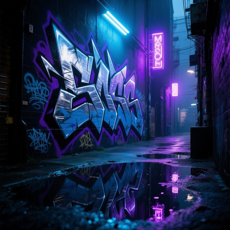 Rain Soaked Alleyway With Reflective Puddles Mirroring Metallic Graffiti And Neon Signs