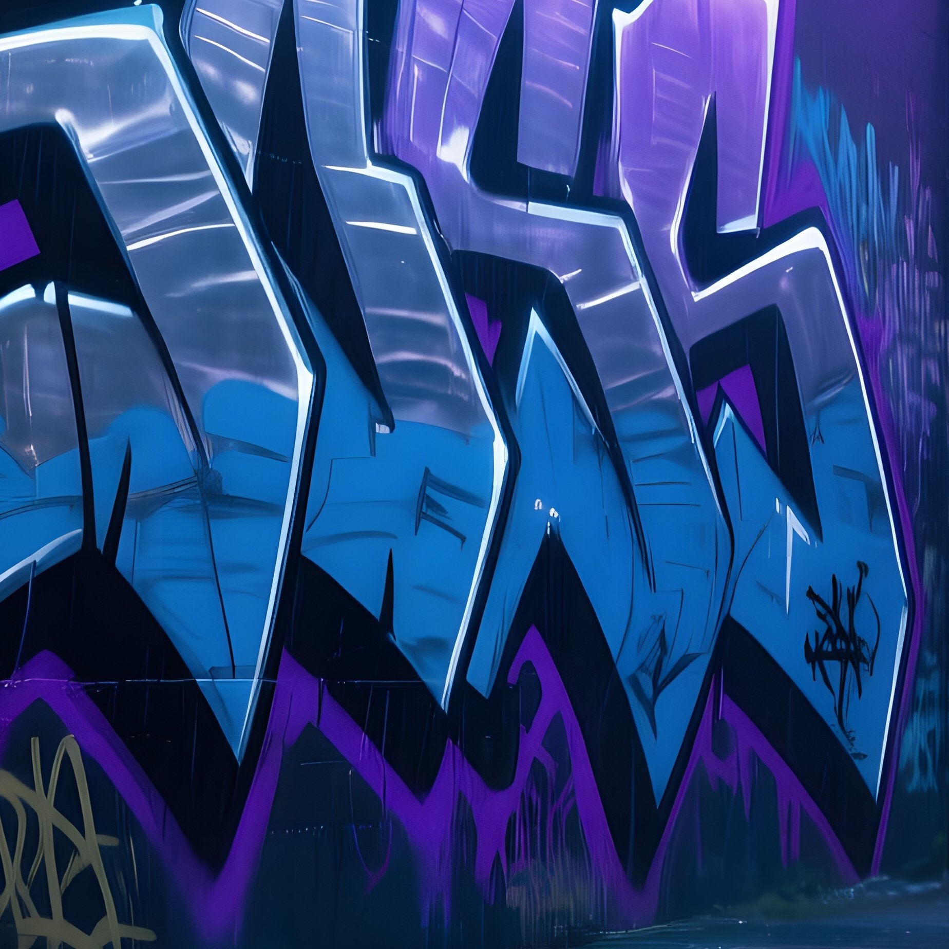 Rain Soaked Alleyway With Reflective Puddles Mirroring Metallic Graffiti And Neon Signs - Full Resolution Quality Preview