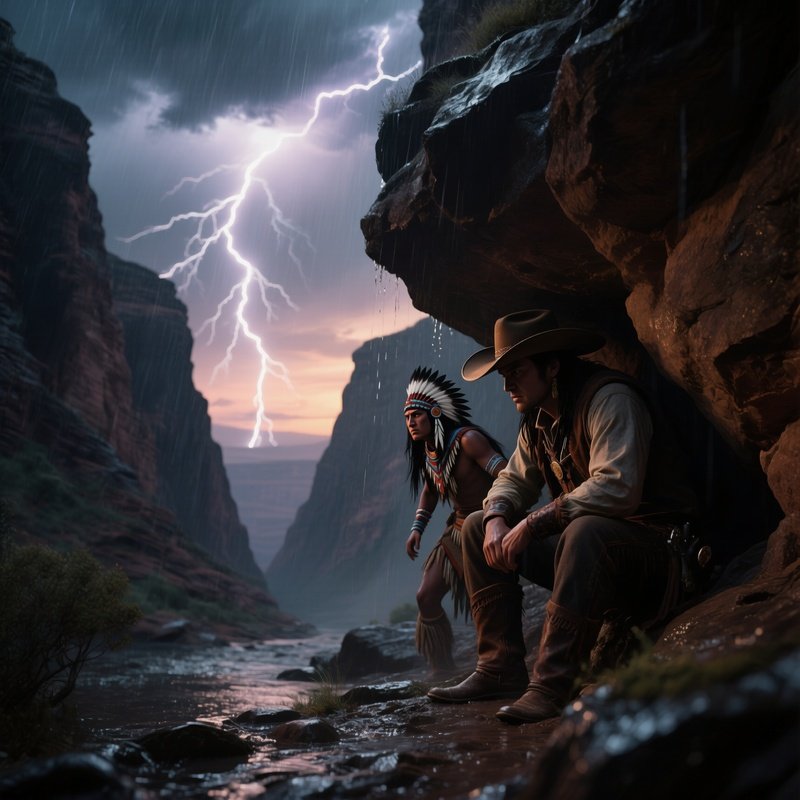 Rain Soaked Canyon At Dusk, Thunder Rumbling Overhead As A Cowboy Shelters Under A Rocky Ledge, An