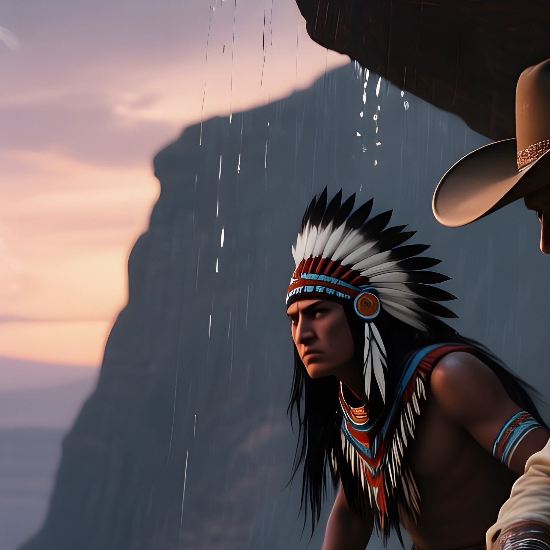 Rain Soaked Canyon At Dusk, Thunder Rumbling Overhead As A Cowboy Shelters Under A Rocky Ledge, An - Full Resolution Quality Preview